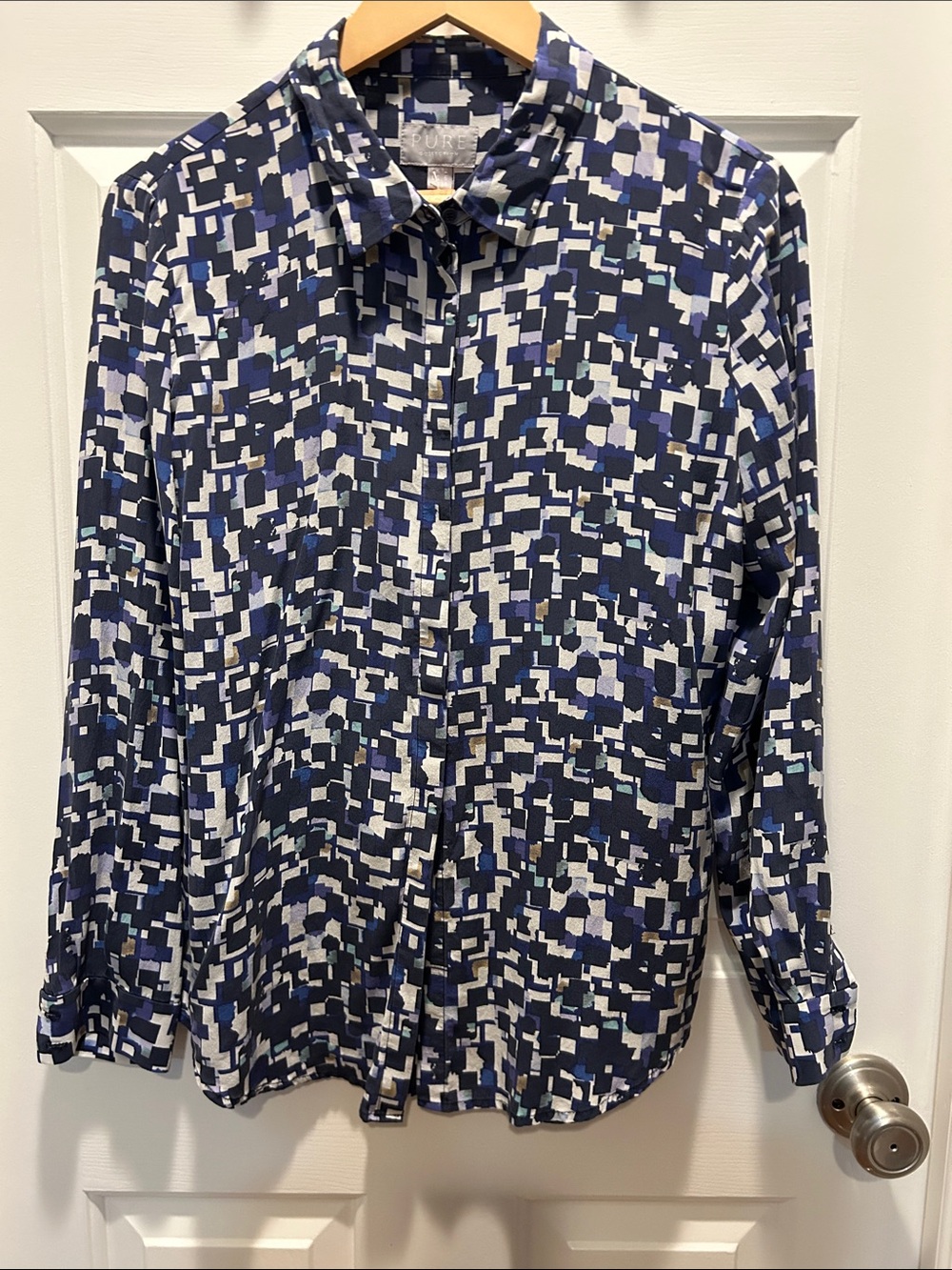 Pure Collection Navy, White & Periwinkle Geometric Blouse